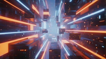 Futuristic digital corridor with glowing neon lights and server racks in a high-tech data center environment