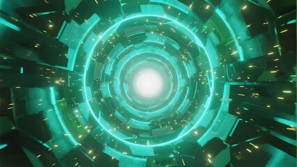 Futuristic tunnel with glowing rings and illuminated panels in a sci-fi setting