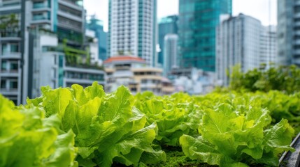 Fresh Green Lettuce Growing on Urban Rooftop Garden with Cityscape in Background Illustrating Urban Agriculture and Sustainable Living Practices