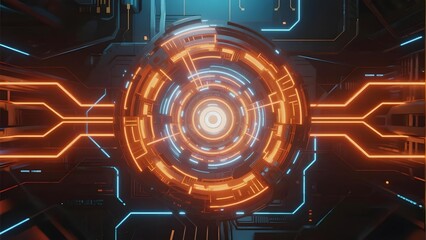Futuristic circular interface with glowing orange and blue circuit patterns in a high-tech environment