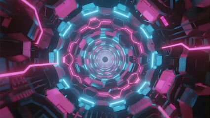 Neon-lit futuristic tunnel with glowing hexagonal patterns and symmetrical design