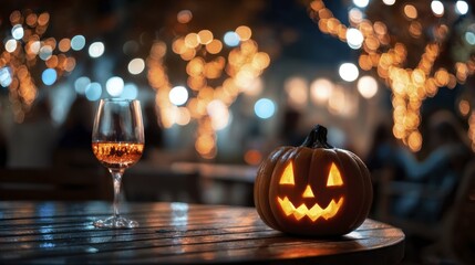 Glowing carved Jack-o-lantern pumpkin with a sparkling drink on a rustic wooden table during a festive autumn night