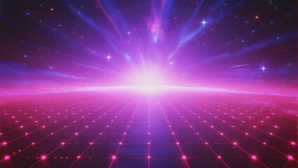 Vibrant futuristic grid landscape with glowing stars and radiant light burst in purple and pink hues