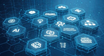 Low poly blue wireframe, AI driven robotic process automation AIRPA concept, hexagonal blocks futuristic grid background glowing white icons