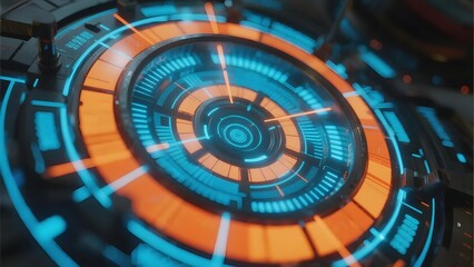 Futuristic digital interface with glowing orange and blue circular elements, resembling a high-tech control panel or holographic display.