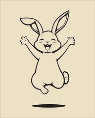 A joyful outline illustration of a bunny jumping enthusiastically with its arms raised. Great for celebration graphics, Easter greeting cards, happy events
