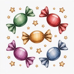 Bright and Playful Watercolor Candies Surrounded by Golden Stars in a Cheerful Arrangement