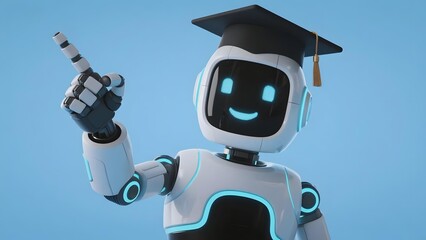 Naklejka premium A robot wearing a graduation cap and pointing upward with a finger, symbolizing achievement in education or technology.