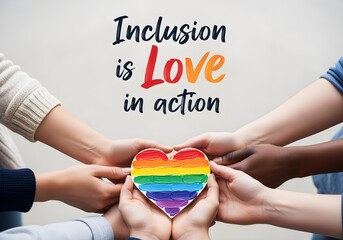 Diverse hands holding rainbow heart on white background with quote inclusion is love in action symbolizing neurodiversity empathy and social awareness
