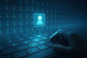 Hand pressing keyboard with holographic person icon symbolizing digital recruitment and HR