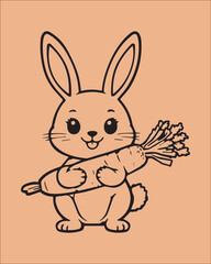 A friendly brown and black outline illustration of a bunny holding a bunch of carrots. The hand-drawn style is perfect for rustic crafts, coloring books, farm-to-table branding