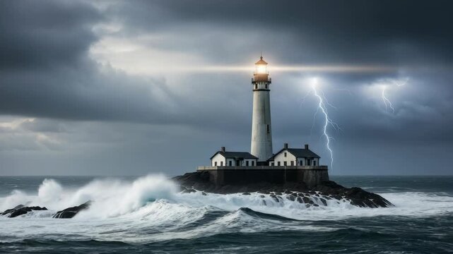white lighthouse emits bright beam under stormy dark sky with striking lightning Turbulent waves crash against its rocky island where two houses stand firm amidst the raging sea