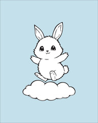 A sweet, simple cartoon illustration of a baby white bunny standing on a small cloud and waving. This gentle image is great for nursery art, baby shower invitations, gentle greetings