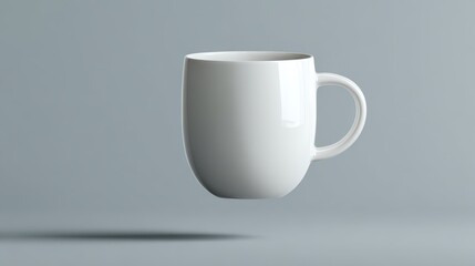 Obraz premium Floating White Ceramic Mug - Minimalist Still Life with Soft Shadow on Gray Background.