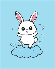 A vibrant and energetic cartoon illustration of a happy white bunny jumping high on a cloud with sparkling stars