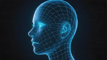 Obraz premium 3D wireframe model of a human head in profile view with glowing blue grid lines