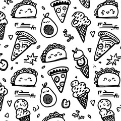 Create fun designs with this adorable kawaii food doodle pattern featuring smiling tacos, pizza, and ice cream.