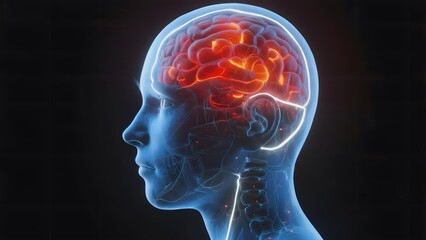 Obraz premium Human brain anatomy illustration with highlighted neural activity in a side profile view