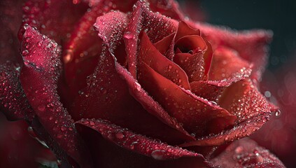 Macro shot of a vibrant red rose, adorned with glistening water droplets, set against darkness