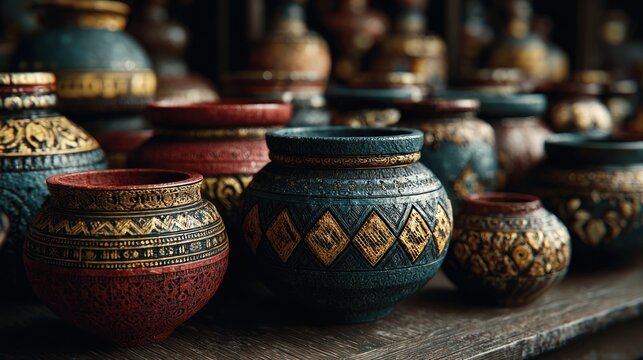 Display of Handcrafted Pottery with Intricate Designs and Textured Surfaces