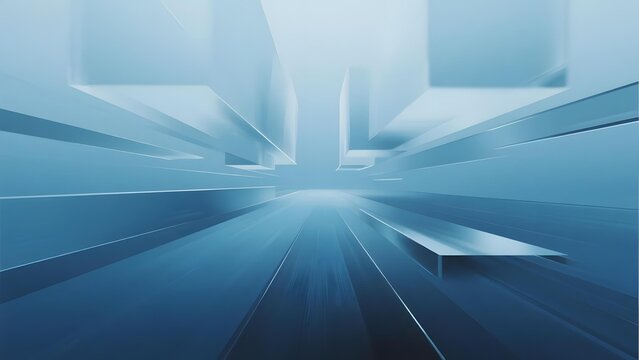 Abstract futuristic corridor with blue geometric structures and motion blur effect