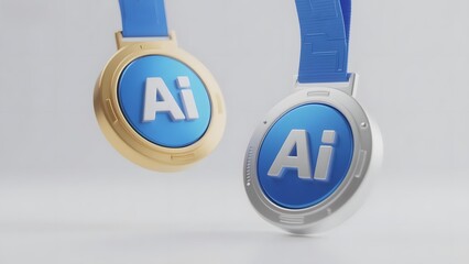 Two medals with 'Ai' inscribed on blue circular faces, one gold and one silver, hanging from blue ribbons against a neutral background.
