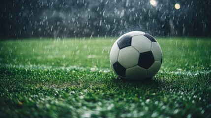 Fototapeta premium Soccer Ball on Wet Grass Under Rainy Sky, Sports Concept, Outdoor Activity, Weather Impact on Game, Nature and Sports Interaction, Soccer Field Details