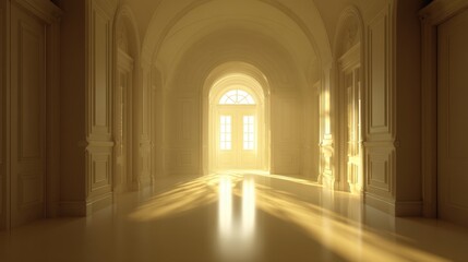 Fototapeta premium Serene Light Streaming Through Elegant Archways in a Spacious Hallway with Intricate Details and Subtle Shadows Creating a Dreamy Atmosphere