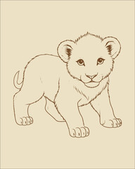 A charming, warm-toned hand-drawn style illustration of a young lion cub standing. The soft lines and gentle appearance are ideal for children's designs