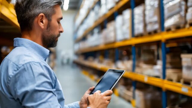 A professional male supervisor monitors stock levels and coordinates shipments with a tablet in a large warehouse. Digital solutions enhance efficiency and accuracy in inventory control