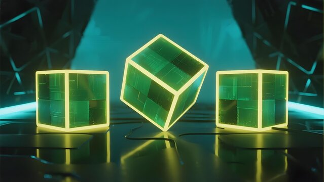 Three glowing green cubes with illuminated edges on a reflective surface in a futuristic setting