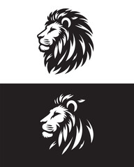 A set of black and white logo concepts featuring a bold, detailed lion head. Includes positive and negative space variations, perfect for versatile use in corporate identity, apparel
