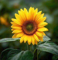 Obraz premium A vibrant sunflower in full bloom, showcasing bright yellow petals against a blurred green background