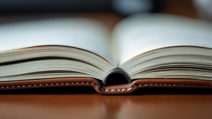 Open Book on Wooden Surface Close Up.