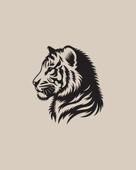 A powerful and detailed black and white illustration of a tiger's head. The vector drawing emphasizes strength and intensity, making it an excellent motif for apparel, sports mascots