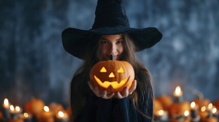 Smiling Girl in Hat Holding Carved Halloween Pumpkin Lantern