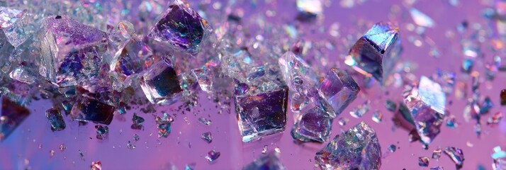 Sparkling crystalline shards with iridescent gleams float over a soft purple surface
