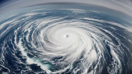 breathtaking aerial view of powerful vast hurricane swirling across the deep blue ocean featuring distinct calm eye at its center and expansive white cloud bands extending outwards showing Earths curv - Powered by Adobe