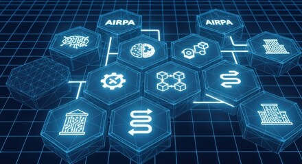 AI driven process automation AIRPA low poly wireframe, blue techno grid with hexagonal blocks glowing icons