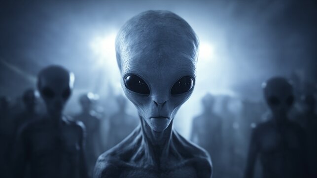 Spooky grey alien with large dark eyes in a mysterious foggy environment and blurred figures