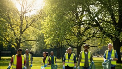 diverse group of volunteers in high-visibility vests and gloves actively cleans sunny green park collecting litter in large green bags Trees with vibrant foliage surround them