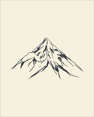 A detailed, high-contrast black and white illustration of a rugged mountain peak