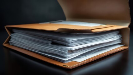 Open brown folder filled with documents and papers on a dark surface.
