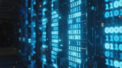 Digital binary code displayed on illuminated panels in a futuristic data center environment