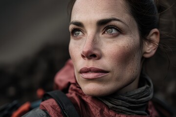Fototapeta premium A woman with striking green eyes looks thoughtfully into the distance. She wears a maroon jacket and a gray scarf. Her expression is one of contemplation and determination