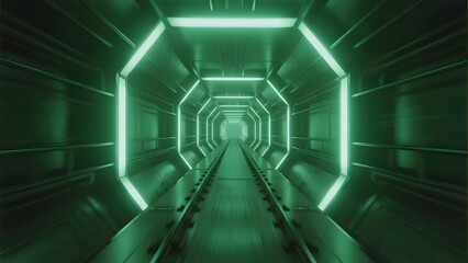 Futuristic green-lit tunnel with hexagonal structure and glowing edges