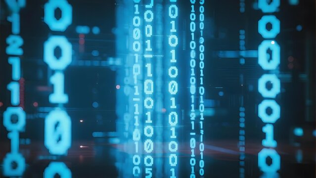 Digital binary code streams in a futuristic technological environment with glowing blue digits and data patterns.
