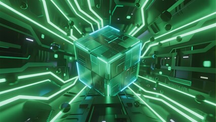 Glowing cube in a futuristic neon corridor with circuit-like patterns