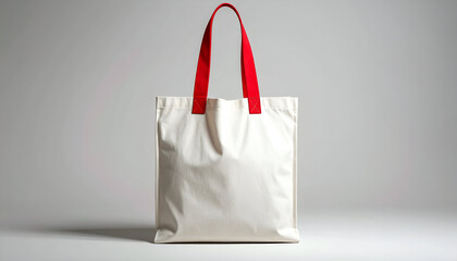 White Cotton Tote Bag with Bright Red Handles on Light Gray Gradient Background in Studio Lighting Mockup for Custom Branding and Eco Friendly Shopping