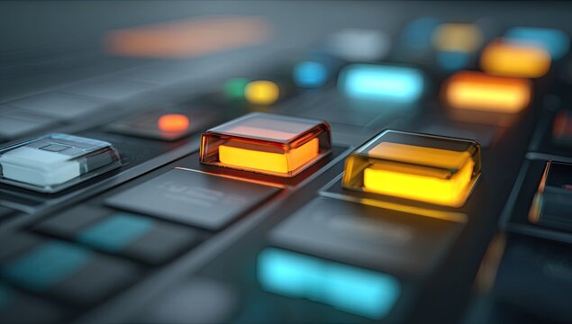 Close-up of a sleek control panel with glowing, transparent buttons and a blurred background